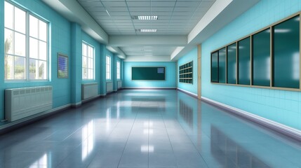  The corridor features bright blue walls, large windows letting in natural light, and several empty classrooms with green chalkboards along the sides