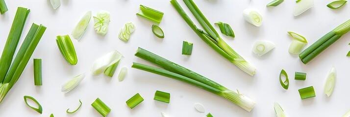 Green onion, green onion beige cut into several pieces on white background, top view