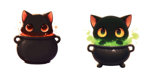 A cute black kitten with a cauldron bubbling over, Halloween theme, digital art, isolated on transparent  background