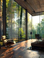 Canvas Print - Huge floor-to-ceiling Windows, inside is luxury furniture, outside the window is the forest, the distance is the city. 