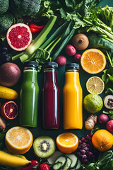 Poster - Fresh fruit and vegetable smoothies or juice in bottles with various ingredients around