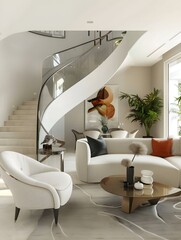 Wall Mural - Living room with staircase, bright, modern and luxurious furnishings