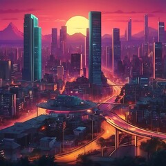 View of Modern digital attractive colorful city lifestyle synth wave animation background. Rooftop view in futuristic city metaverse background