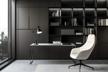 Wall Mural - Modern minimalist home office, desk and armchair in front of the dark wall with built-in bookcase cabinet, black metal floor lamp, white and black color scheme, modern simplicity