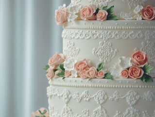 Poster - Closeup of a white wedding cake decorated with delicate pink roses and intricate white frosting.