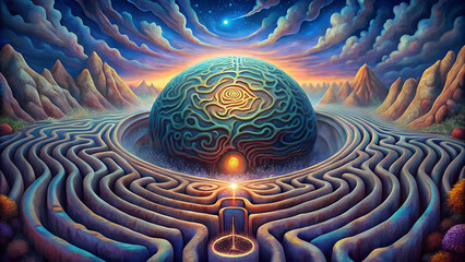 Psychedelic illustration of the labyrinth of the human brain with an abstract background.
