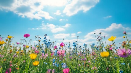 colorful wildflowers in a meadow with a blue sky and sun