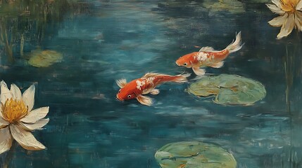 A painting of two orange and white Koi fish swimming in a pond with a white water lily and two lily pads.