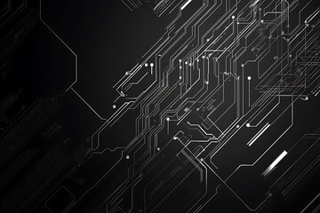 a modern abstract circuit design with silver lines and dots on a sleek dark background, ideal for te