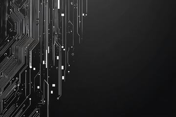 A modern abstract circuit design with silver lines and dots on a sleek dark background, ideal for technology-related templates and web design.