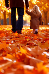 Wall Mural - A father and child walk hand in hand through autumn leaves nurturing a bond of love and family warmth