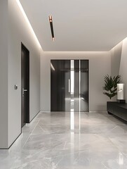 Wall Mural - The entrance hall is designed in a modern minimalist style for the interior of a high-end apartment with a combination of light grey tiled floors and white walls. The natural light.