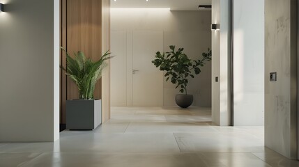 Wall Mural - The entrance hall is designed in a modern minimalist style for the interior of a high-end apartment with a combination of light grey tiled floors and white walls. The natural light.