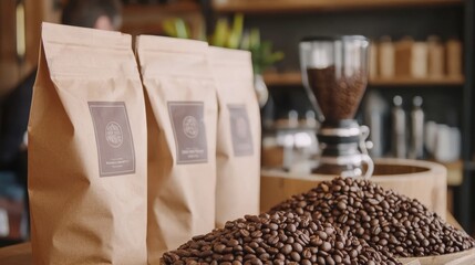 Wall Mural - Close-up of coffee beans in a wooden bowl with paper bags in the background.