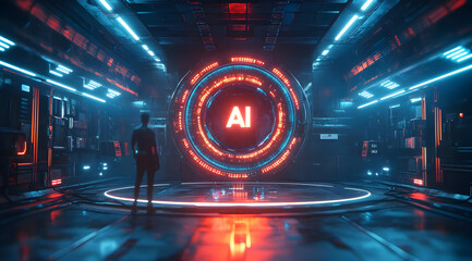Wall Mural - futuristic ai interface with neon lights, showcasing advanced technology in a sci-fi environment. pe
