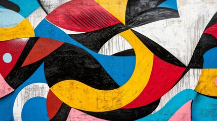 Poster - Colorful abstract graffiti art on a textured wall with geometric shapes in red, blue, yellow, and black.