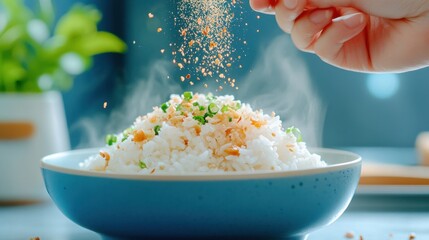 Wall Mural - A close-up of a hand sprinkling seasoning on a bowl of steamed rice, with steam rising