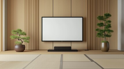  A serene living room with a TV with a white screen on a wooden wall, featuring clean lines and a calm atmosphere.