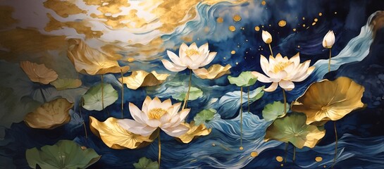 Luxury abstract art botanical composition. Spring minimal design in white, blue and golden shades. Watercolor flowers, plants, leaves. lotus