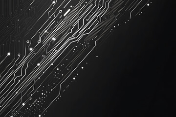 A modern abstract circuit design with silver lines and dots on a sleek dark background, ideal for technology-related templates and web design.