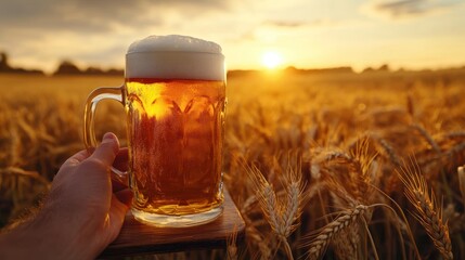 Hand Holds a Wheat Light Beer Mug in Barley Field