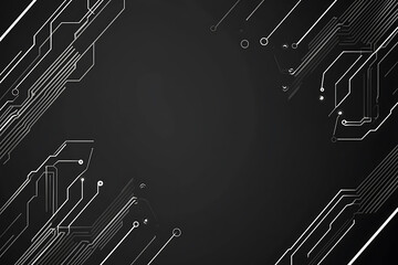 A modern abstract circuit design with silver lines and dots on a sleek dark background, ideal for technology-related templates and web design.