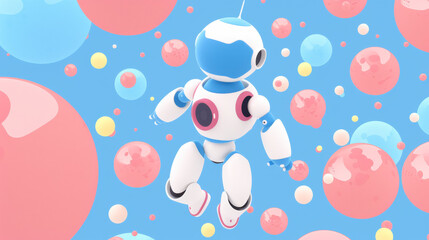 Poster - A robot is jumping through a field of colorful spheres