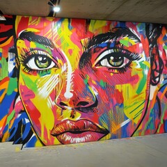 Wall Mural - Colorful mural of a woman's face with vibrant colors and bold lines.