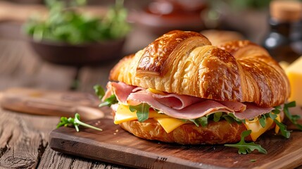 A photo of a croissant sandwich with ham and cheese