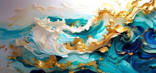 Wall Mural - Multi color and Gold Abstract Painting on a Luxurious Marble Acrylic Background	