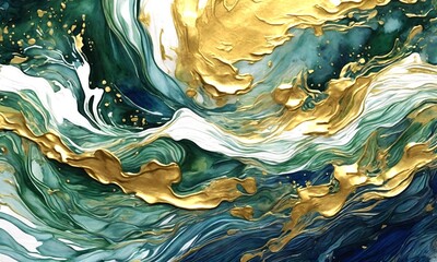 Wall Mural - Multi color and Gold Abstract Painting on a Luxurious Marble Acrylic Background	