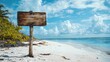 © Gibster - A rustic wooden signpost stands on a serene beach, framed by lush greenery and a vibrant sky, inviting exploration and tranquility.
