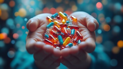 Close-up view of a person's hands holding an assortment of colorful medical capsules and pills with a blurred background