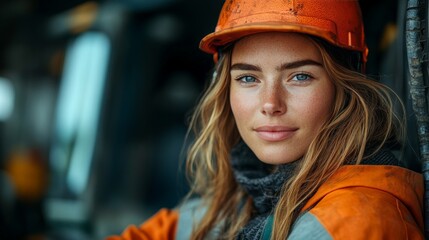  woman operating a crane on a construction site, her confidence and skill breaking stereotypes about gender roles in heavy industry. 