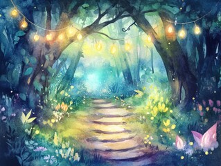 Poster - Enchanting fairy tale forest path with glowing lights and flowers.