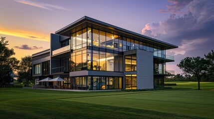 Poster - Modern Glass House on a Golf Course at Sunset