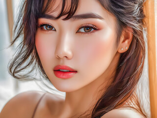 Wall Mural - Stunning Asian portrait. Sensual smile of beautiful woman. Soft sunlight, charming eyes and clean skin. Facial spa, healthcare concept. Gorgeous girl face and long hairs. Fashion wellness. AI gen