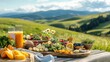 © songwut - A rustic outdoor picnic scene with a spread of superfood salads, fresh fruits, and healthy snacks, set against a backdrop of rolling hills and blue skies