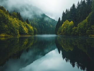 Sticker - Foggy lake with reflection of trees and sky.