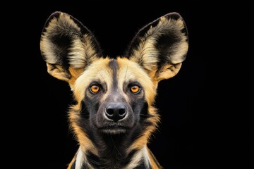 Photo of an African wild dog isolated against a black background, emphasising the African wild dog's majestic features. Wildlife and conservation concept, space for copy.