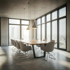 modern office meeting room, large wooden table, stylish white chairs, floor-to-ceiling windows, cityscape view, natural light, minimalistic design, contemporary interior, soft shadows, sleek and profe