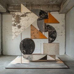 Poster - Geometric wooden sculpture with grunge texture in a white room.