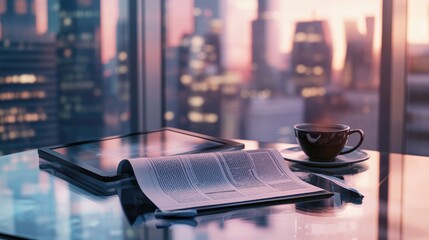 Newspaper on a contemporary glass table with a sleek tablet and a city skyline in the background