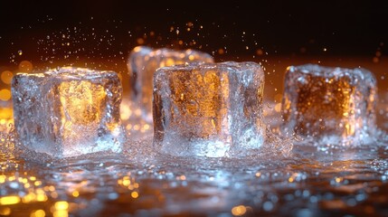 Sparkling water glistens as ice cubes slowly melt in ambient light