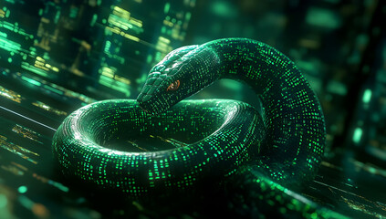 A digital snake coiling in a futuristic environment, showcasing shimmering green binary code and high-tech visuals.