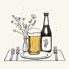 Hand-drawn illustration of a beer glass and a bottle of beer with a vase of flowers and two forks on a plate.