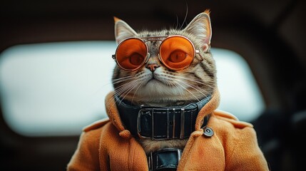 Wall Mural - A fashionable cat poses confidently in vibrant sunglasses and a warm coat