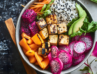 Wall Mural - grilled tofu and dragon fruit buddha bowl top view