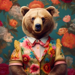 A bear wearing flower suit looking cute 