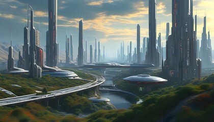 Wall Mural - In the future urban landscape, science and technology and nature coexist harmoniously. There are two planets in the distance and buildings are towering into the clouds.